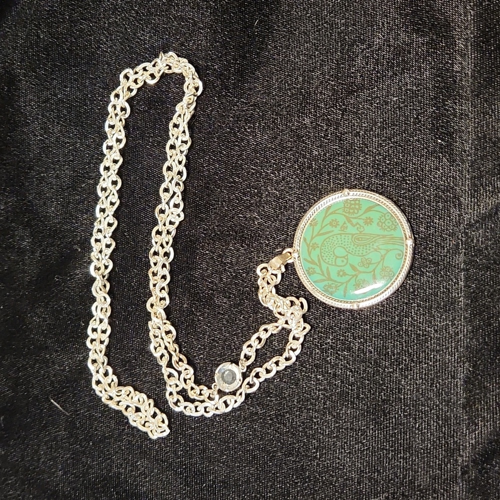Handmade Peacock Pendant Necklace In Teal And Olive With Silver Tone Chain